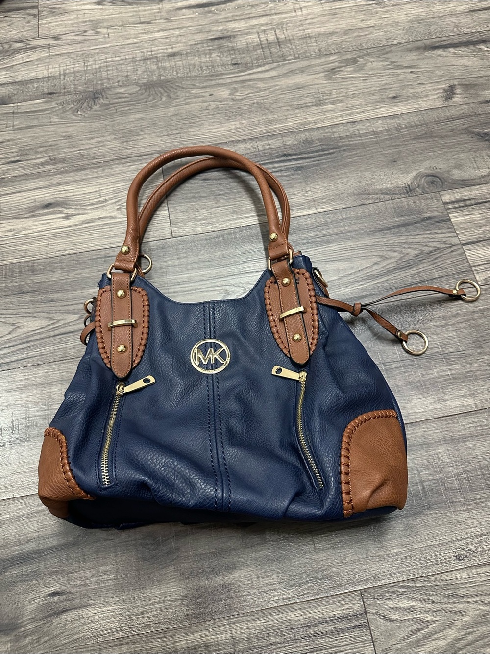 Michael Kors Navy and Brown Leather Satchel